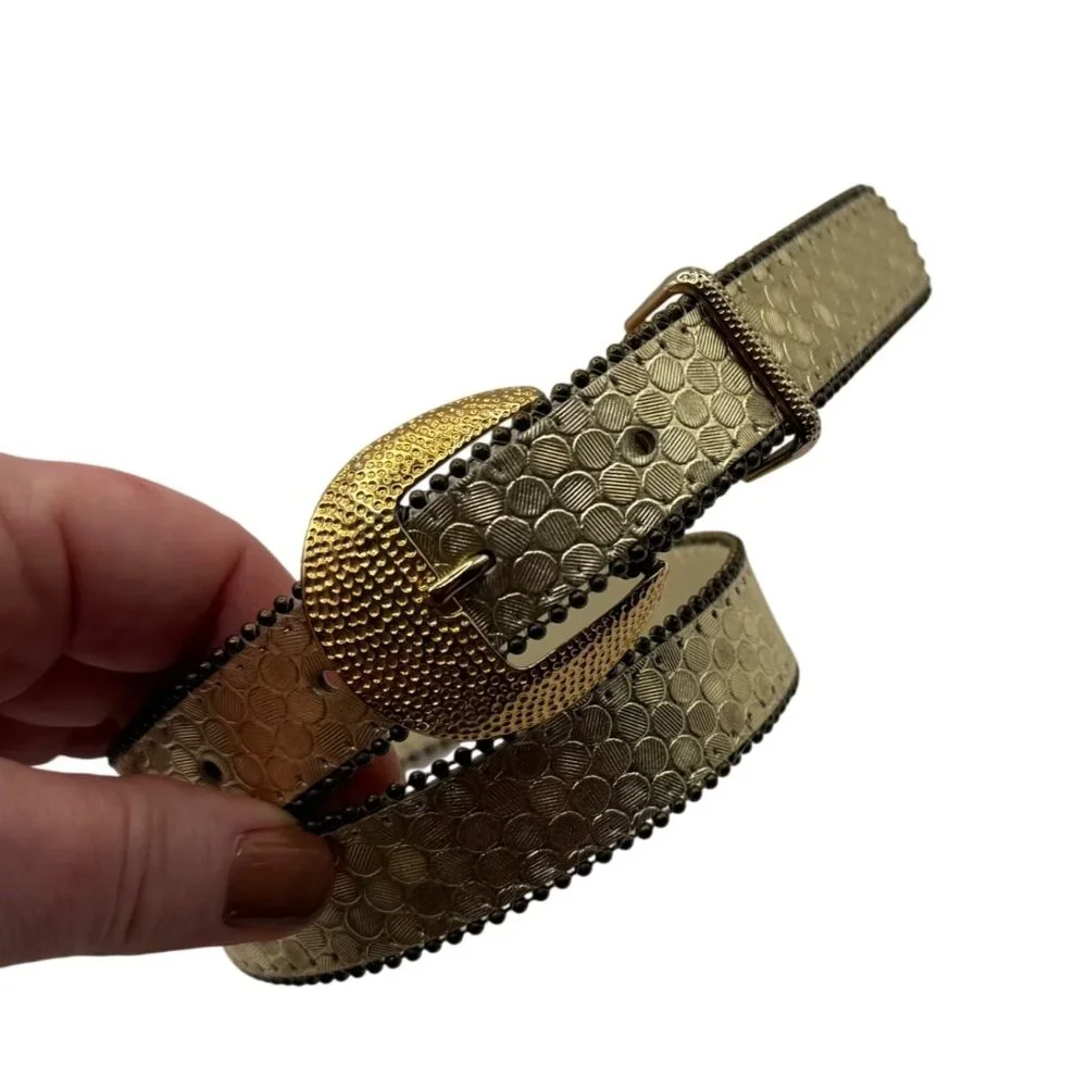 Gold Textured Belt Hammered Buckle Small Studded Edge Statement Belt Shiny Disco